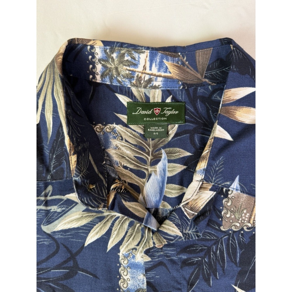 David Taylor Hawaiian Shirt Blue Palms Floral Luau Beach Cruise Camp Size Small - Picture 2 of 6
